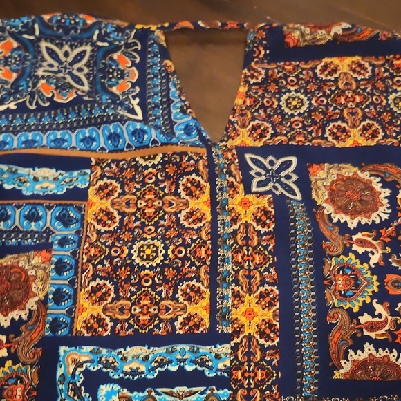 Patchwork Print Long Sleeve Shirt - Blue and Orange Hues Sz Lg - Picture 7 of 9